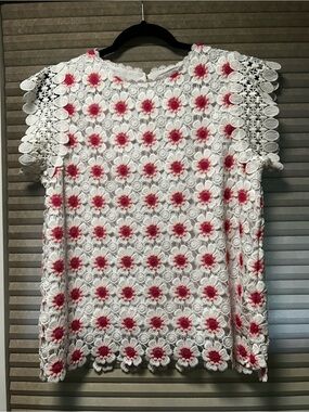 J. Crew White Crochet Eyelet Top with Pink Floral Detail